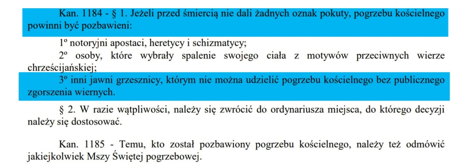 O skandaliczności udzielenia kościelnego pogrzebu p. Tadeuszowi Dudzie